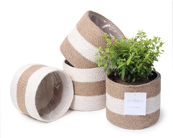 Jute Planters with Poly-Lining Set of 4 White/Natural Jute in 2 patterns X2 6.5x6.5x6"