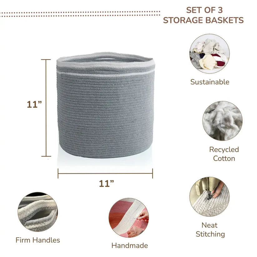 Cotton Rope Basket Set of 3, 11x11x11, Gray - Fine Living Co