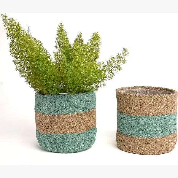 Handmade Jute Planters with Lining, Mint-Natural,6.5", 2Pcs - Fine Living Co