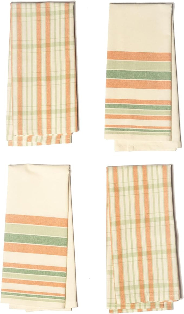 Set of 4 yarn Dyed Kitchen Towel, 18" x 28", Recycled Cotton, Green & Red