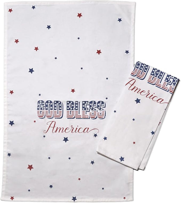 Set of 2 God Bless America Printed Kitchen Towel, 18" x28", 100% cotton, Red & Blue