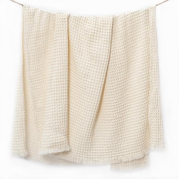 Waffle Weaven 100% Cotton Throw with Fringes, Ivory, 50"x 60" - Fine Living Co