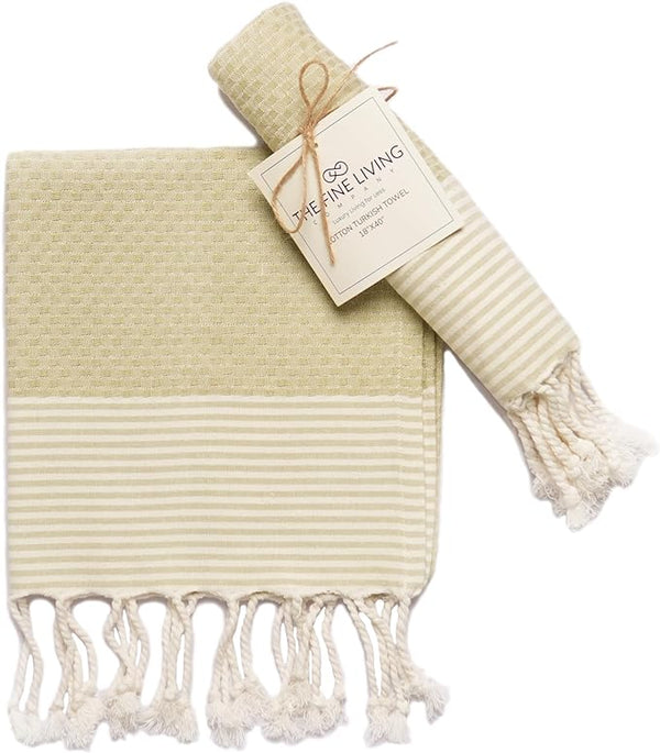 Waffle Turkish Towel with Tassels, Sage Green, Set of 2 - Fine Living Co