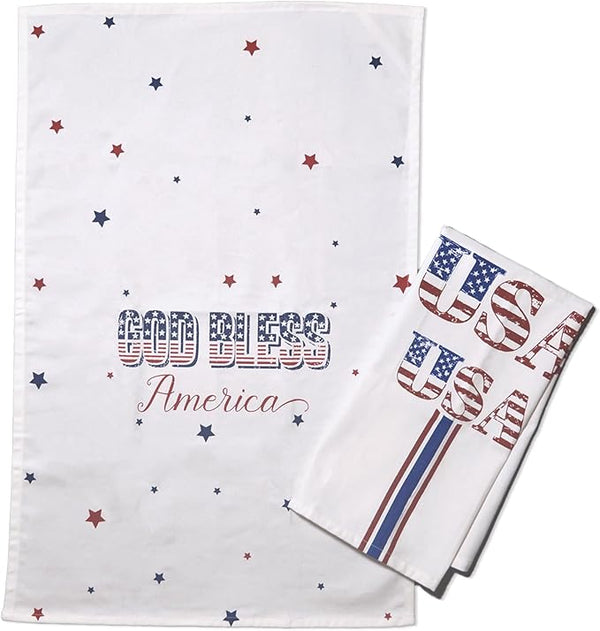 Printed God Bless/ USA Kitchen Towel Set - Red & Blue, 100% Cotton - Fine Living Co