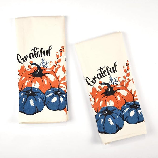 Printed Dish Towels Set of 2 - Grateful, Cotton - Blue & Orange - Fine Living Co