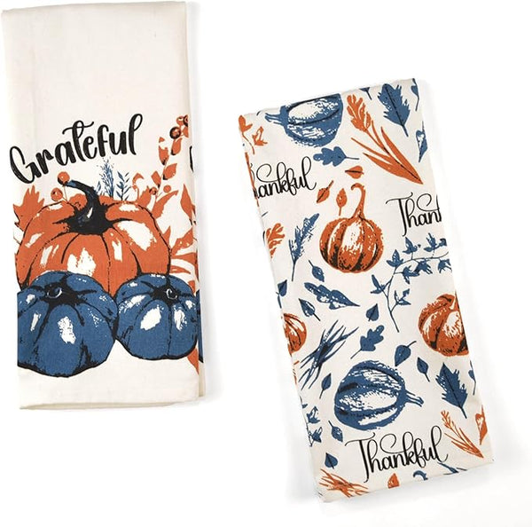 Set of 2 Thankful & Grateful Printed Dish Towels, 18" x28", 100% Cotton, Blue & Orange