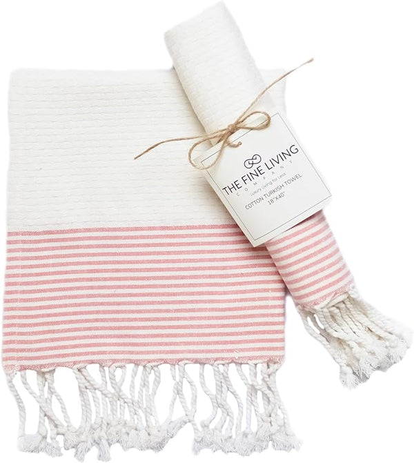 Set of 2 Waffle Stripe Turkish Towel with Twisted Tassels, 18" x 40", 100% Fresh cotton, White & Red