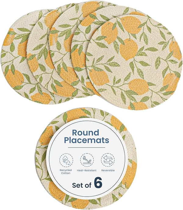 Printed Braid Cotton Placemats, Lemon Set of 6