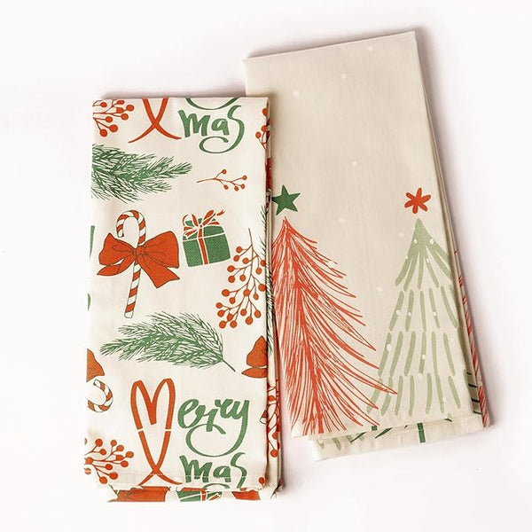 Set of 2 Merry Xmas Printed Kitchen Towel 18" x28", 100% Fresh cotton, Cherry Red & Green