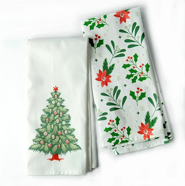 Set of 2 Xmas tree Printed Kitchen Towel 18" x28", 100% Fresh cotton, Olive Green & Red