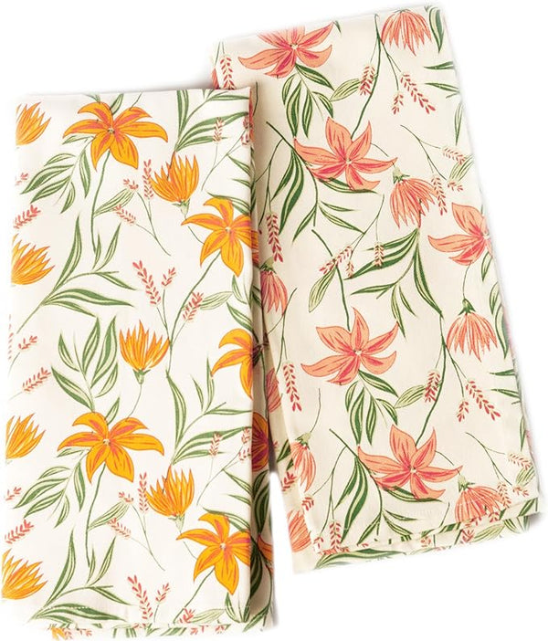 Set of 2 Pointed Floral Printed Kitchen Towel 18" x28", 100% Fresh cotton, Yellow & Mint