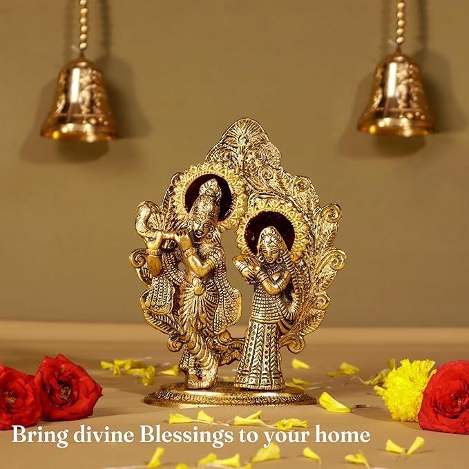 Radha Krishna Idol, Handcrafted with Antique Gold, Set of 1 - Fine Living Co