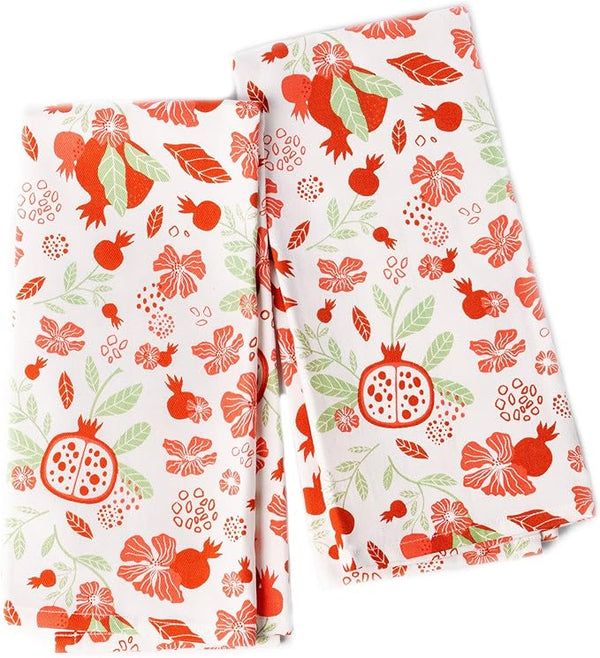Set of 2 Pomegranate Printed Kitchen Towel 18" x28" , 100% Fresh cotton, Sage & Peppery red