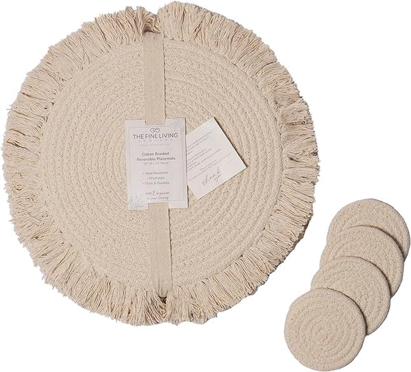 Ivory Braided Solid Placemat with fringes set of 4 (13" + with 2" fringes) +4 Coasters (4")- Recycle Cotton
