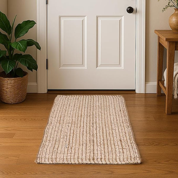 White & Beige Loop Jute & Wool Rug, 2'x4'