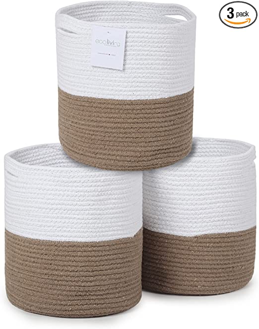 Cotton Basket without Lid Set of 3 White/Beige 11x11x11"