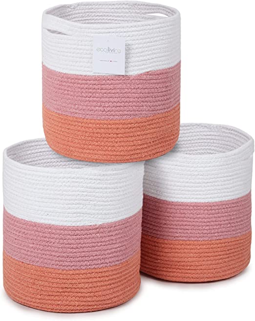 Cotton Rope Basket, Set of 3, White & Pink, 11x11x11" - Fine Living Co