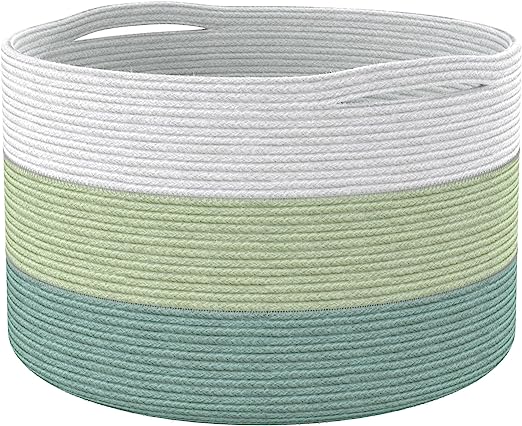 Extra Large Cotton Rope Storage Basket, 21.7x21.7x13.8" , White & Green - Fine Living Co