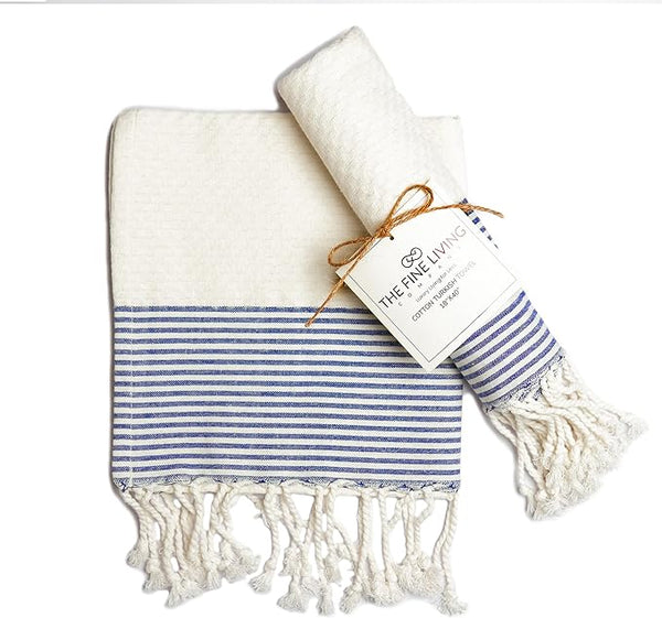 Set of 2 Waffle Stripe Turkish Towel with Twisted Tassels 18" x 40", 100% Fresh cotton, White & Blue
