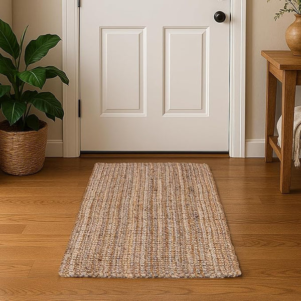 Beige Self textured Jute & Coir Rug with tucked ends, 2'x4'