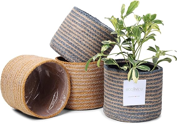 Jute Planters with Poly-Lining Set of 4 Orange/Natural Jute & Teal Blue/Natural Jute X2 6.5x6.5x6"