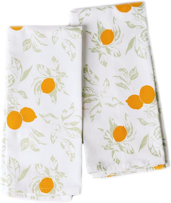 Set of 2 Lemon Printed Kitchen Towel 18" x28", 100% Fresh cotton, Sage & Yellow