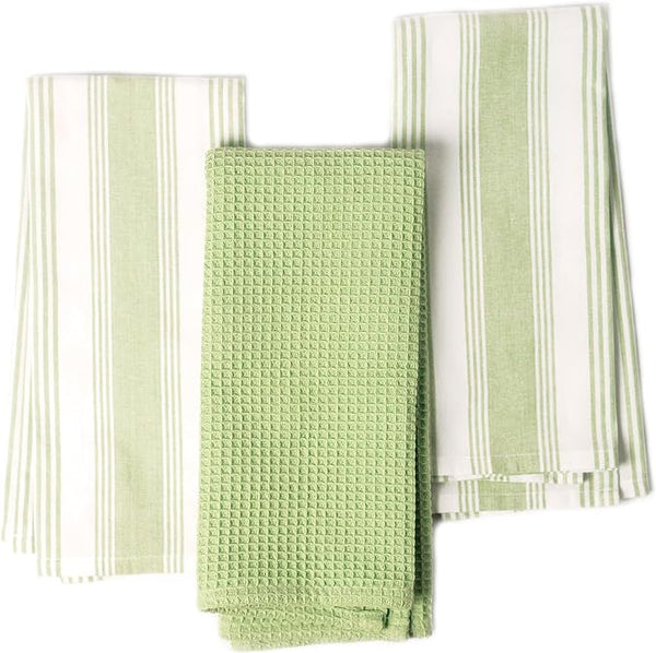 Set of 3 yarn Dyed with Waffle Kitchen Towel, 18" x 28", Recycled Cotton, Green