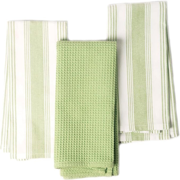 Yarn dyed Stripes & Waffle Kitchen Towels, Green, Set of 3 - Fine Living Co