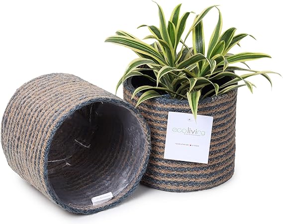 Jute Planters with Poly-Lining Set of 2 Teal Blue/Natural Jute 6.5x6.5x6"