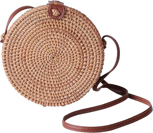 Fine Living Rattan Round Boho Crossbody Bag for Women, 8x3 inch