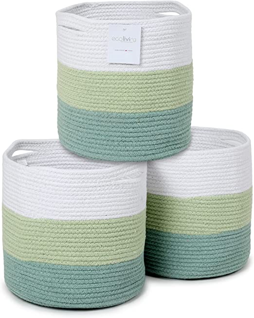 Cotton Basket without Lid Set of 3 Green and White 11x11x11"