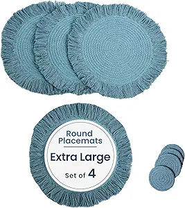 Braided Large Cotton Placemats with fringes & Coasters, Blue, Set of 4