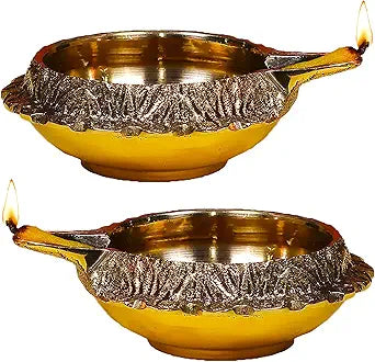 Handmade Brass Kuber Diyas Set of 2 – Gold Finish Oil Lamps for Pooja