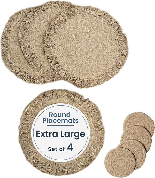 Braided Large Cotton Placemats with fringes & Coasters, Beige, Set of 4