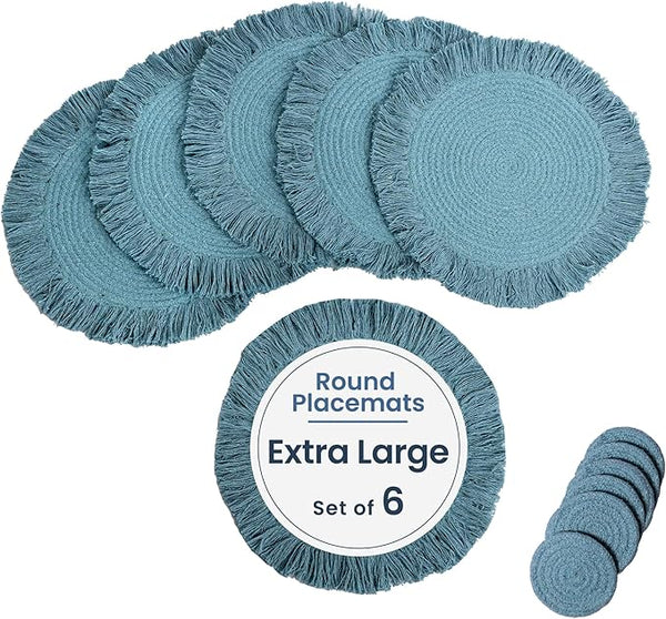 Braided Large Cotton Placemats with fringes & Coasters, Blue, Set of 6