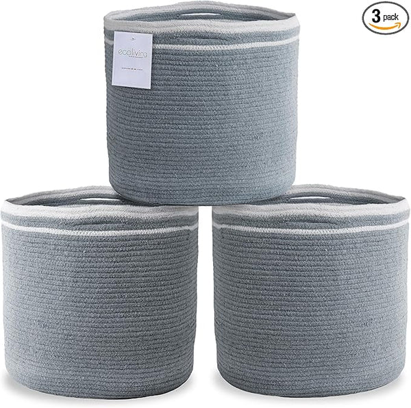 Set of 3 Gray Recycled Cotton Rope Storage Baskets