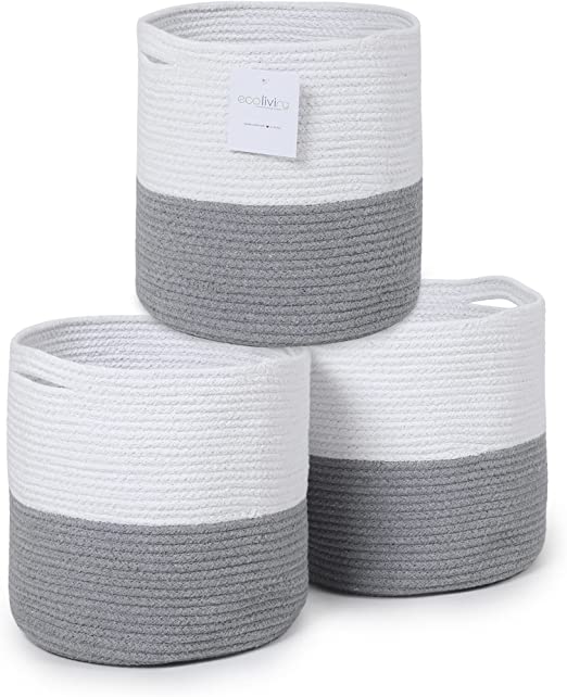 Cotton Basket without Lid Set of 3 White/Grey 11x11x11"