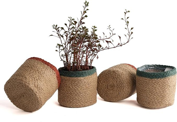 Eco Living Jute Planter Set of 4, Natural Jute, 4.5x4.5x4, Red, Green & Natural