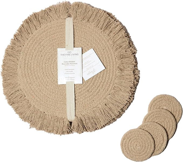 Braided Large Cotton Placemats with fringes & Coasters, Beige, Set of 4 - Fine Living Co