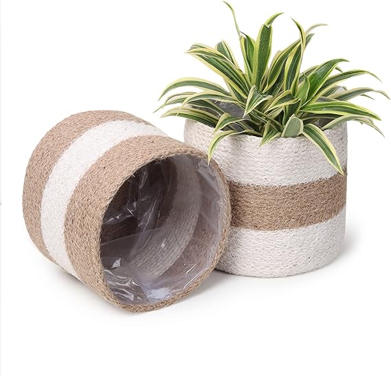 Jute Planters with Poly-Lining Set of 2 White/Natural Jute in 2 patterns 6.5x6.5x6"