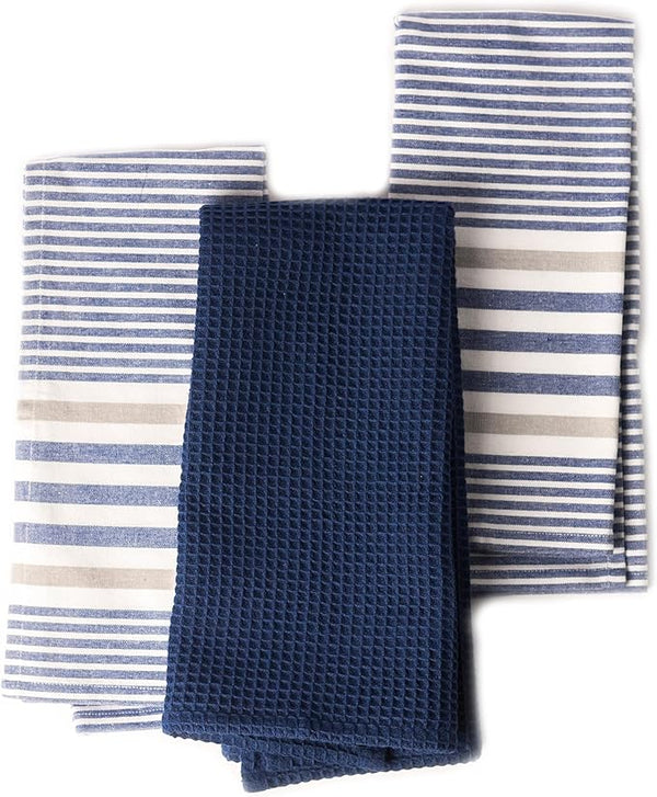 Set of 3 yarn Dyed with Waffle Kitchen Towel, 18" x 28", Recycled Cotton, Blue