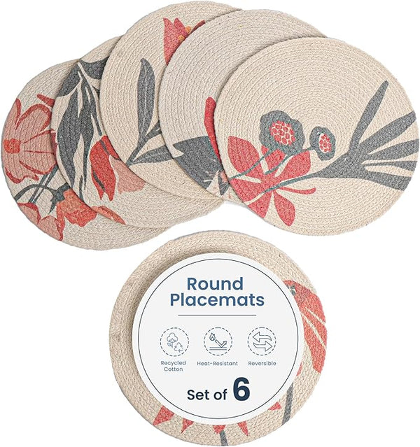 Printed Braid Cotton Placemats, Orange Set of 6