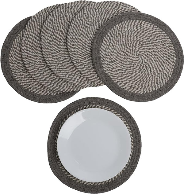 Melange Gray & White  Braided Placemat set of 6 (3 pcs full melange+3 pcs with solid border) - Recycle Cotton