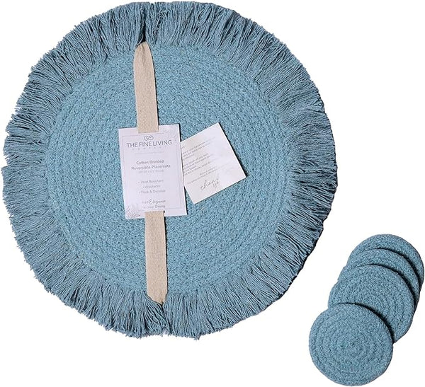 Braided Large Cotton Placemats with fringes & Coasters, Blue, Set of 4 - Fine Living Co