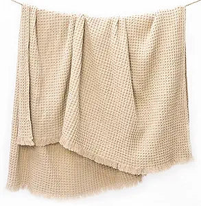 Waffle Weave Throw with Fringes, 50”x 60”, 100% Fresh Cotton, Sand