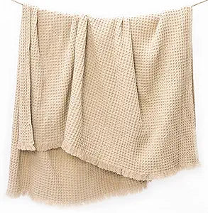 Waffle Weave 100% Cotton Throw with Fringes, Sand, 50"x 60"