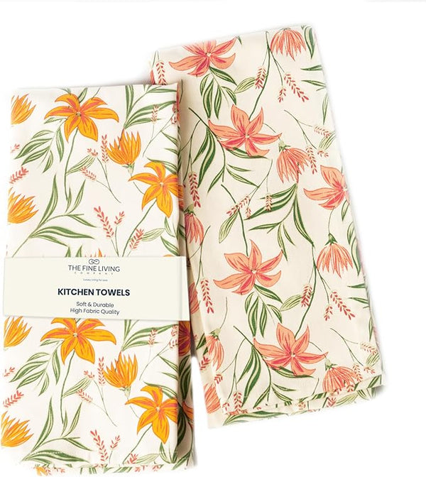 Printed Cotton Kitchen Towel Set - Yellow & Mint, 18x28