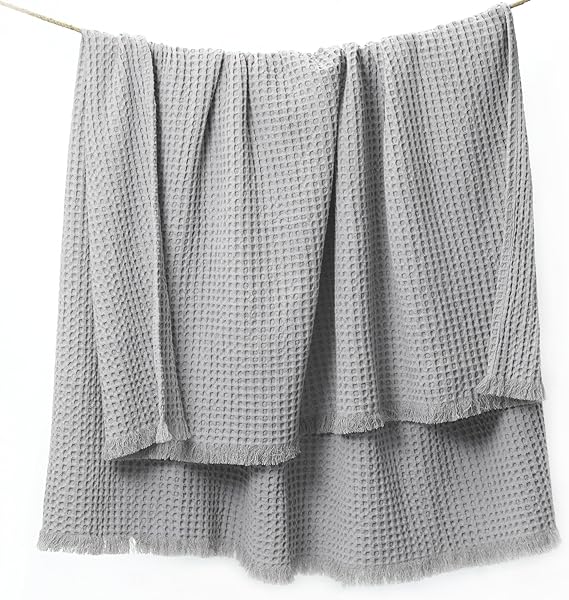 Waffle Weave Throw with Fringes, 50”x 60”, 100% Fresh Cotton, Mineral Gray