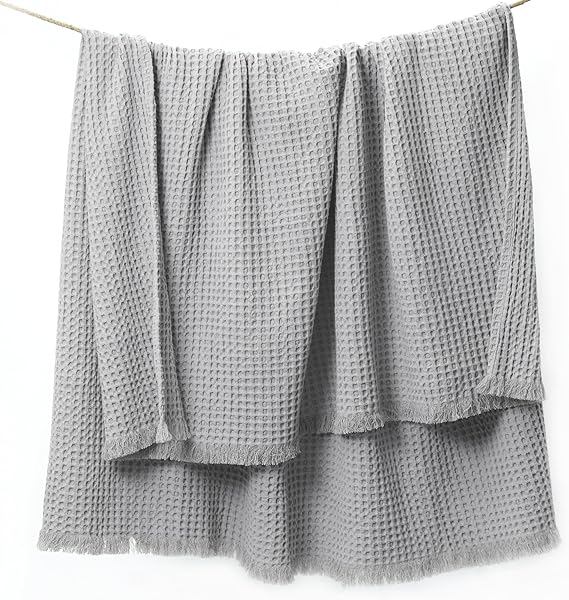 Waffle Weave 100% Cotton Throw with Fringes, Mineral Gray, 50"x 60"