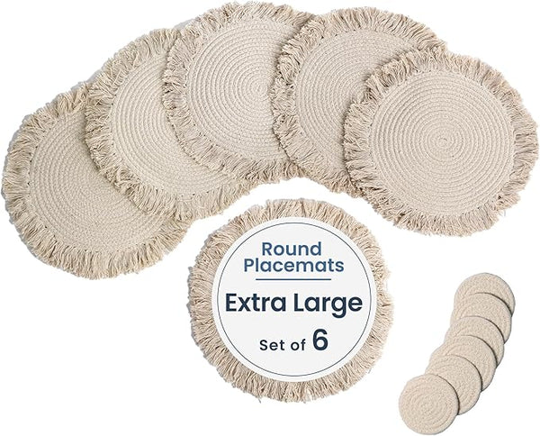 Ivory Braided Cotton Placemat Set of 6 with Fringes